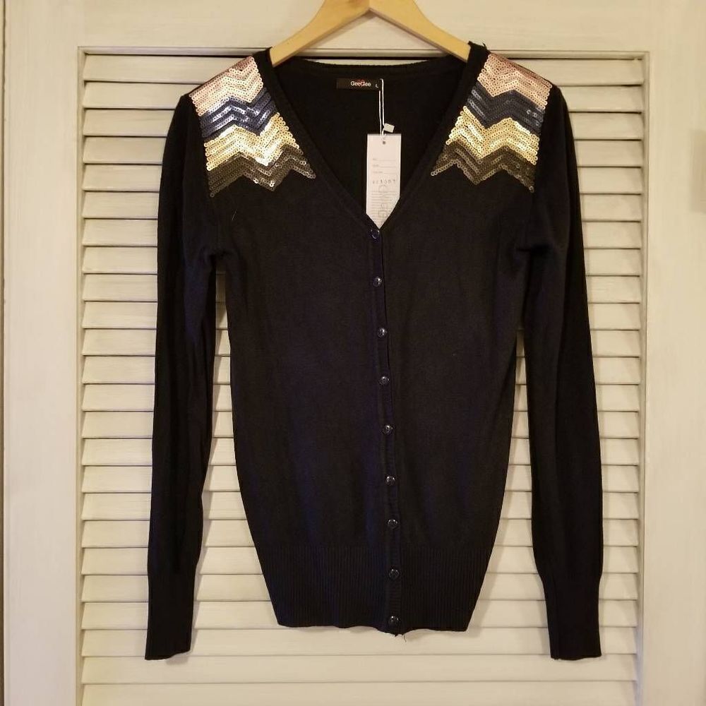 NWT GeeGee Navy + Sequin Cardigan L